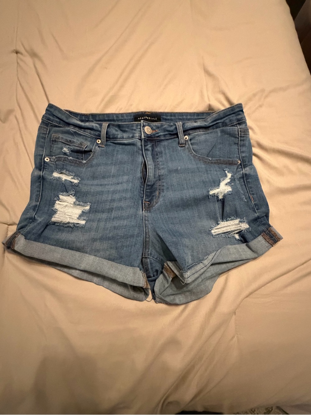 Aeropostale Medium Blue Distressed Roll-Cuff Denim Shorts